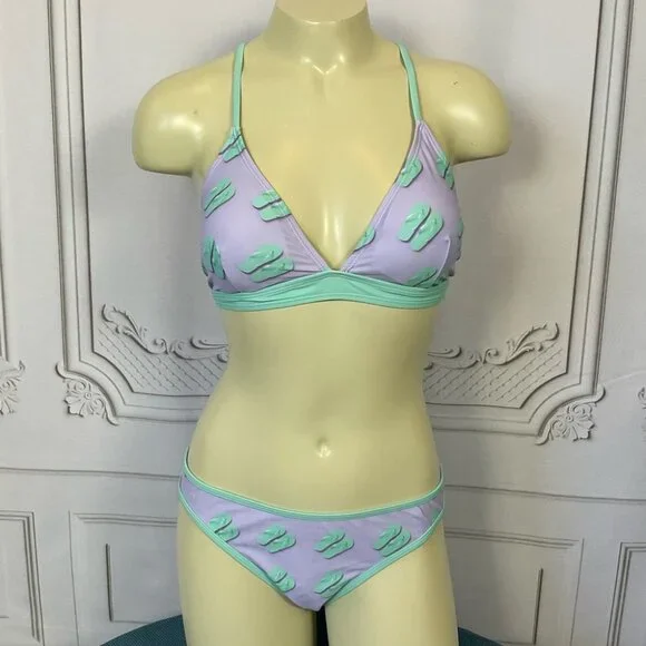 Undercurrent 2 Piece Triangle Top Swimsuit Purple Green Flip Flops Juniors Med - Picture 2 of 8